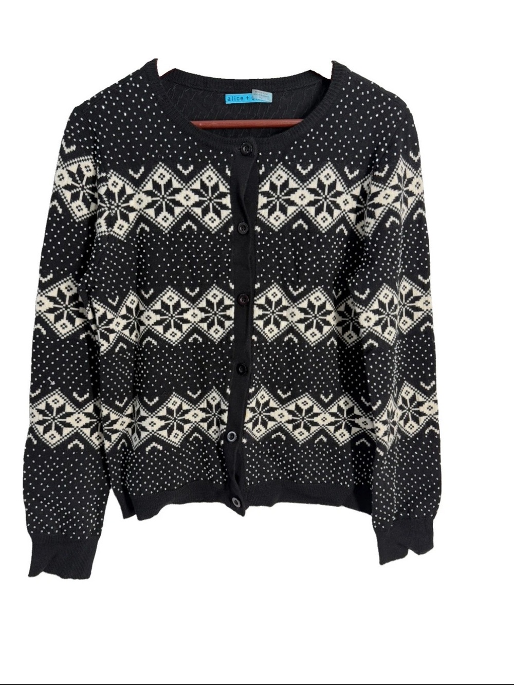 ALICE + OLIVIA SNOW JACQUARD AND BEADS CARDIGAN WOOL KNIT TOP SWEATER SIZE L - Picture 7 of 16